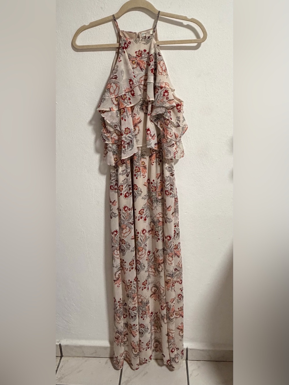 love, Fire Beige Floral Halter Ruffle Maxi Dress